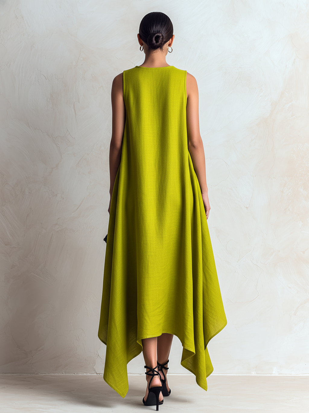 Matilde | Vestito midi asimmetrico verde lime senza maniche