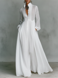 Vestido maxi minimalista en algodón y lino con patchwork, cuello alto y mangas largas