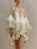 Ermellina | Mini abito in chiffon avorio con stampa barocca e volant a cascata