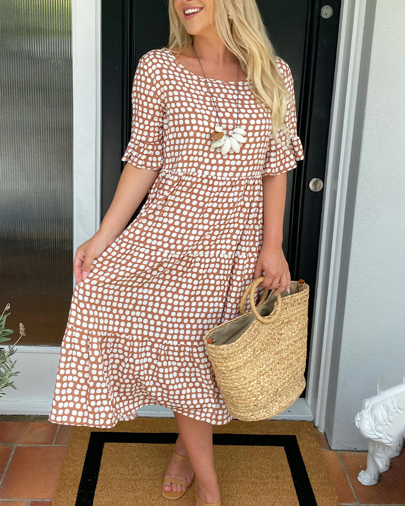 Vestido midi | Cuello redondo estampado de lunares