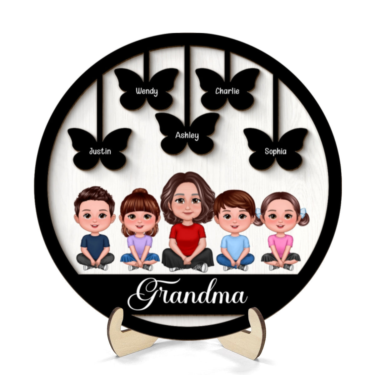 Grandma Grandkids Crossed Legs Butterflies Personalized 2-layer Wooden Plaque