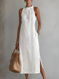 Bianca | Vestito midi in lino con collo mao