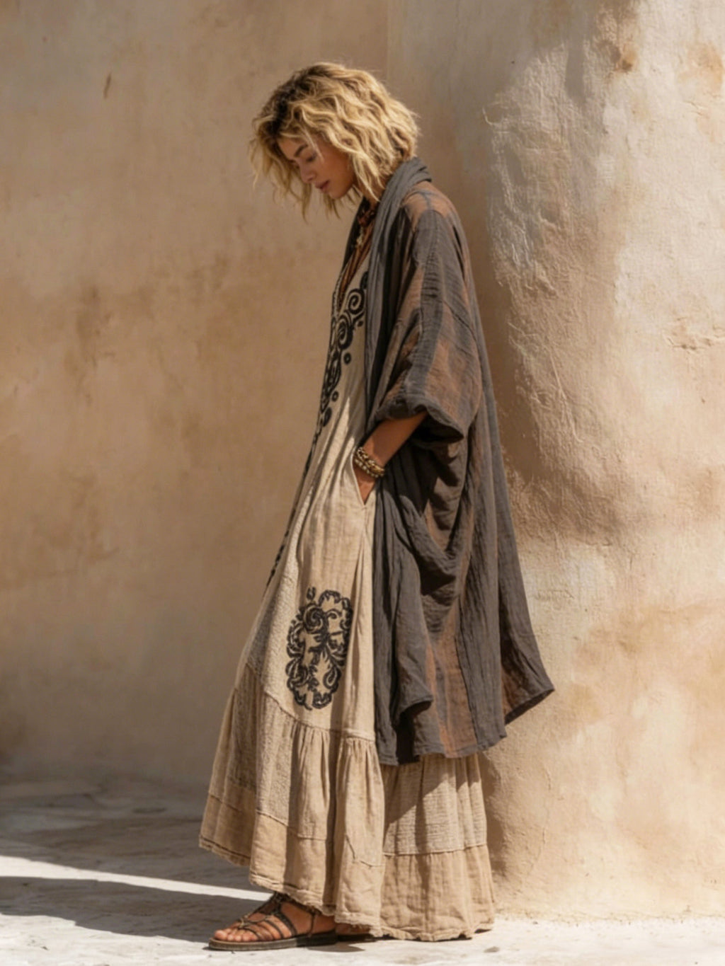 Azzurra | Set bohémien elegante con abito decorato e cardigan lungo fluido